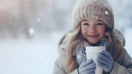 Beautiful young woman holding a cup of hot drink in winter parkの素材