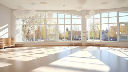 Empty office hall with large windows. 3d rendering. Mock up.の素材