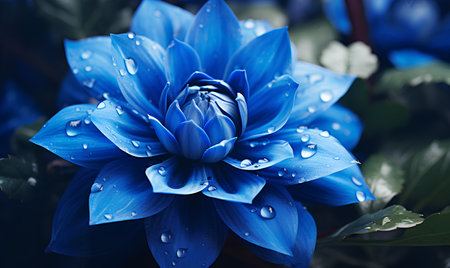 Beautiful blue dahlia flower with dew drops closeupの素材