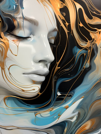 3d rendering of a female face with golden and blue paint on a black backgroundの素材