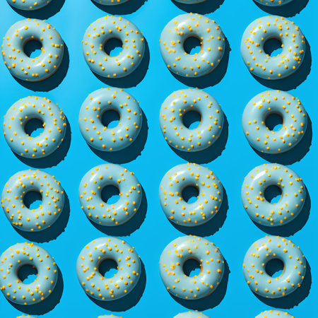 Seamless pattern with glazed donuts on blue background.の素材