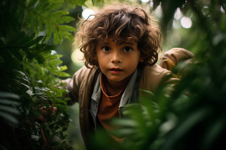 Portrait of a little boy in the jungle. Selective focus.の素材