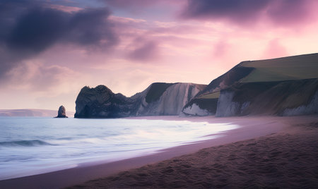 Beautiful seascape with cliffs at sunset. Artistic style post processed photo.の素材