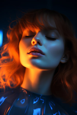 Portrait of a beautiful red-haired girl with closed eyes. Beauty, fashion.の素材