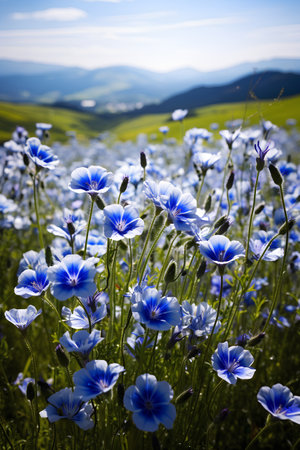Beautiful blue flowers in the meadow on a background of mountainsの素材