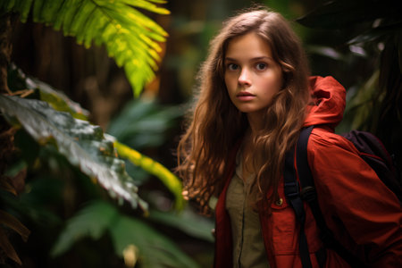 Young woman with backpack hiking in tropical forest. Hiking concept.の素材