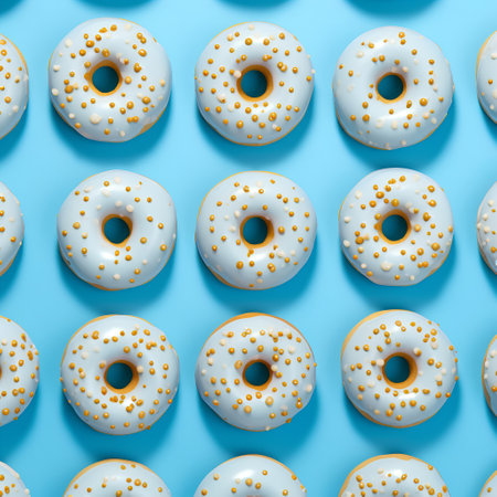 Seamless pattern with donuts on blue background. Top view.の素材