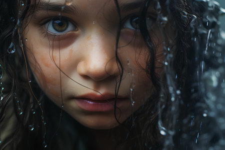 Portrait of a young girl under a shower. Close-up.の素材