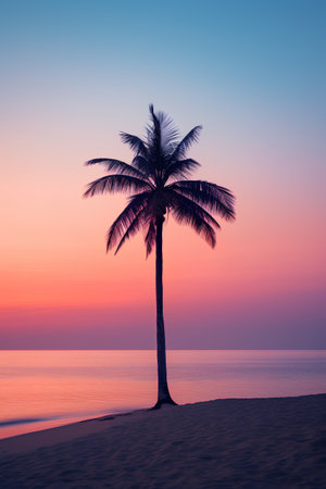 Silhouette of palm tree on the beach at sunset. 3d renderの素材