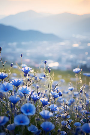 Beautiful blue flowers in the meadow with mountains in the backgroundの素材