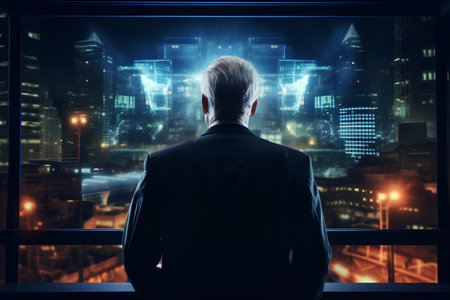 Back view of businessman looking at night city. Research concept. Double exposureの素材