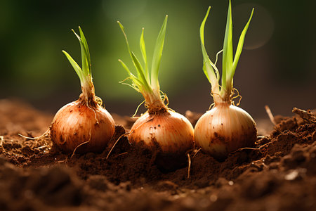 Sprouting onions in the soil. Gardening and agriculture concept.の素材
