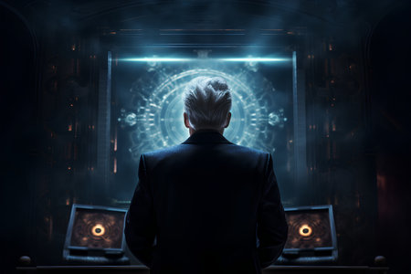 Rear view of a businessman looking at a futuristic hologram. The concept of virtual reality.の素材