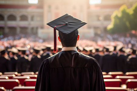 Back view of a male graduate in a cap and gown at the graduation ceremonyの素材
