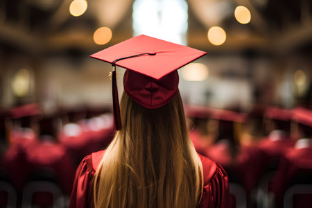 Back view of a female graduate in cap and gown standing in the auditoriumの素材