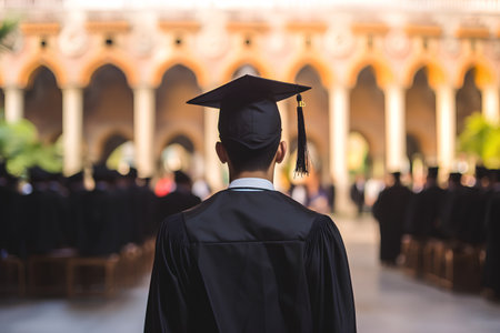 Rear view of young man in graduation cap and gown standing in front of the churchの素材