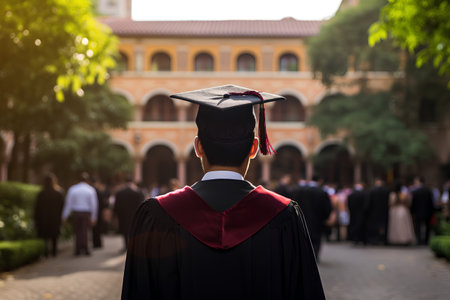 Back view of a graduate student in cap and gown standing on the background of the university buildingの素材