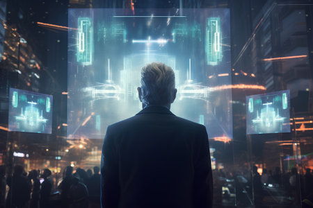 Back view of businessman looking at hologram screen in city at nightの素材
