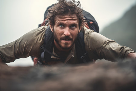 Portrait of a handsome young man with a beard and mustache on a mountain topの素材