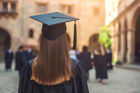 back view of a young female graduate in cap and gown standing on the streetの素材