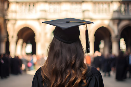Back view of a female graduate wearing a black graduation hat and looking at the streetの素材