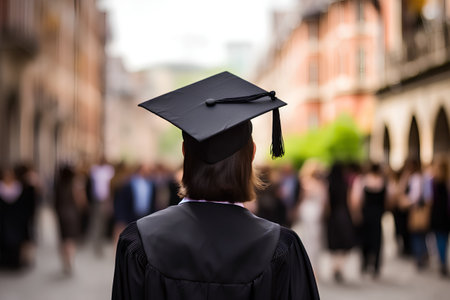 back view of a female graduate in cap and gown standing on the streetの素材