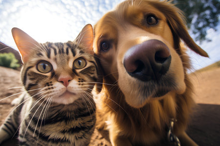 A cat and a dog looking at each other on a sunny day.の素材