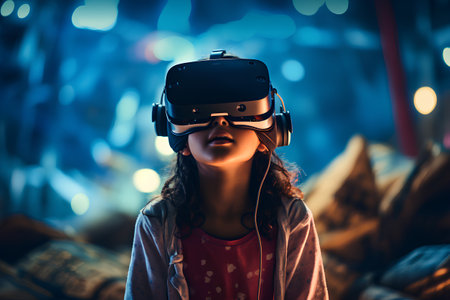 Portrait of a young woman wearing virtual reality goggles at night.の素材