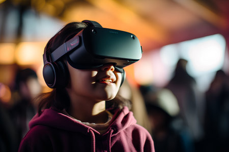 Young woman wearing virtual reality goggles. Future technology and entertainment concept.の素材