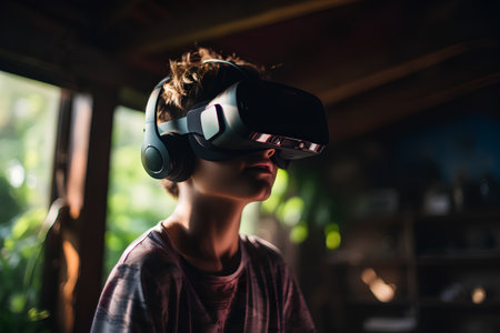 Young woman wearing virtual reality goggles. Future technology and entertainment concept.の素材