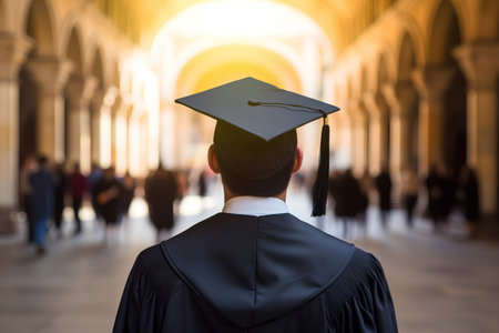 Rear view of a male graduate in a cap and gown.の素材