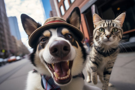 Cute cat and dog in a hat on the street in New York Cityの素材