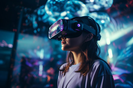 Young woman using virtual reality headset at night club. Future technology concept.の素材