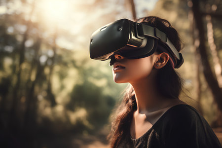 Young woman wearing virtual reality goggles in the forest. Future technology concept.の素材