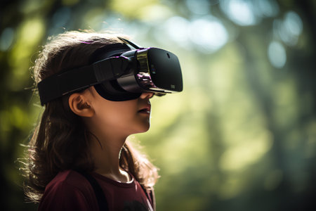Little girl wearing virtual reality goggles in a forest. Future technology concept.の素材