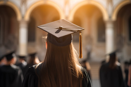 Back view of a female graduate with a hat on her head.の素材