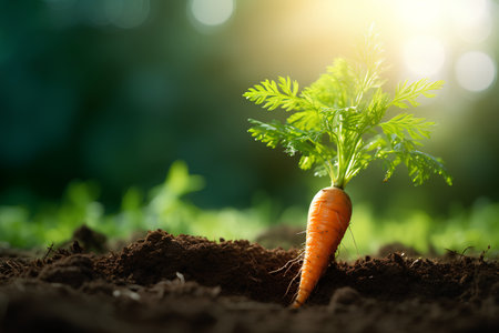 Carrot growing in the soil with bokeh background. Fresh organic food concept.の素材