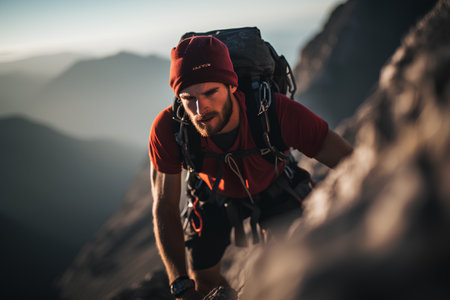 Hiker on the top of the mountain. Sport and active life concept.の素材