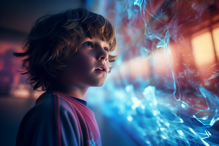 Portrait of a little boy in a dark room. 3d renderingの素材