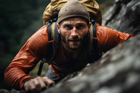 Young man with a beard and mustache climbs a mountain. Climbing in nature.の素材