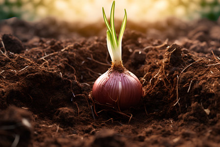 Sprouting onion in the soil. Gardening and agriculture concept.の素材