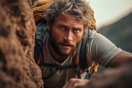 Handsome young man with a beard and mustache is looking at the camera while hiking in the mountains.の素材