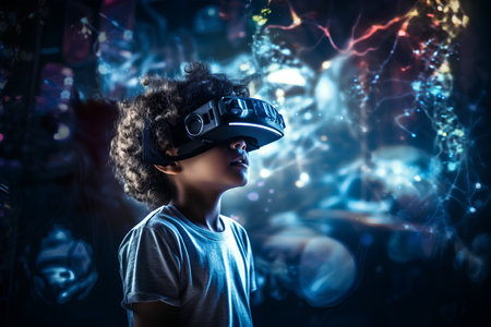 Little boy with virtual reality headset or 3d glasses over dark backgroundの素材