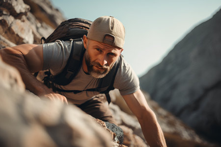 Handsome bearded man in a cap and t-shirt is climbing on a rocky wall.の素材