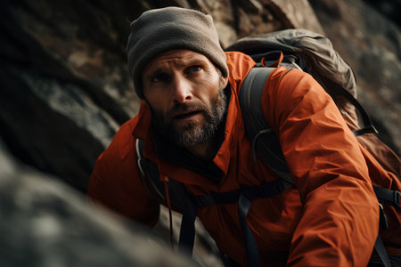 Portrait of a bearded man with a backpack on the background of rocks.の素材