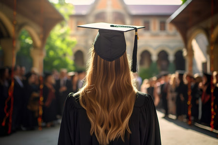 Rear view of a female graduate holding a graduation cap on her headの素材