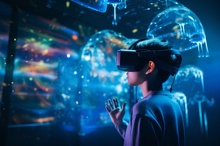 Woman wearing virtual reality goggles. Future technology concept. 3D Renderingの素材