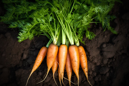 Bunch of fresh carrots on soil background. Top view. Copy space.の素材