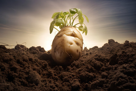 Potato seedling growing in soil at sunset. Agriculture concept.の素材