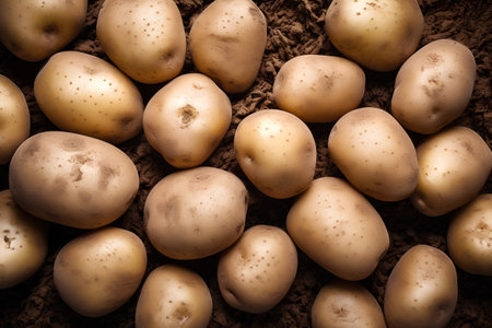 Potatoes on the ground as a background texture composition. Toned.の素材